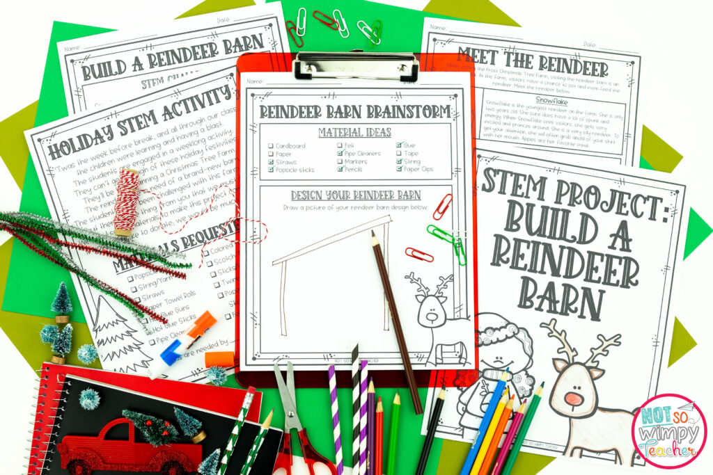 Image shows sample pages from the Christmas Tree Farm project based learning resource , including a fun and simple holiday STEM activity called "Build a Reindeer Barn." 