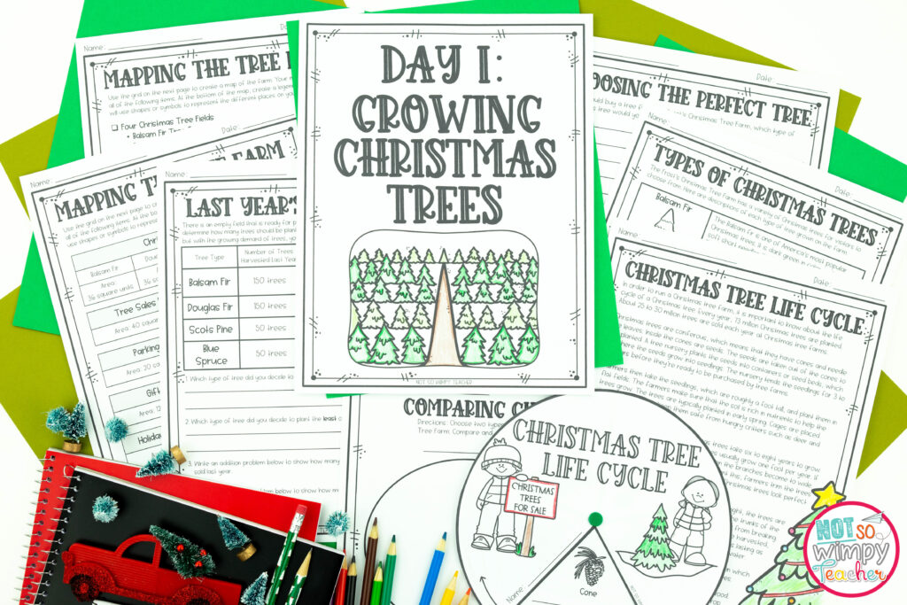 Image shows sample pages from the Christmas Tree Farm project based learning resource , including reading passages, math activities, and a Christmas Tree Life Cycle holiday activity. 