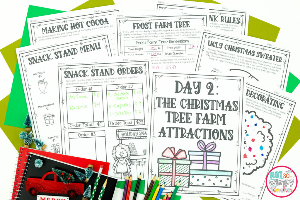 Image shows sample pages from the Christmas Tree Farm project based learning resource. The image shows the holiday activities from Day 2, "The Christmas Tree Farm Attractions." 