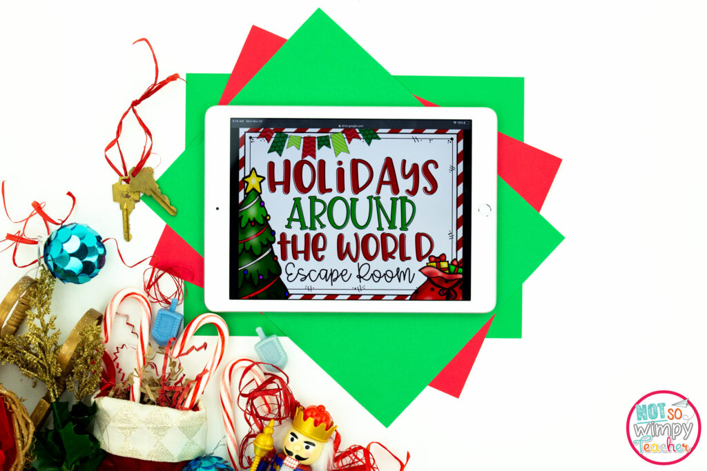 Image shows an iPad with the "Holidays Around the World Escape Room" activity displayed. 