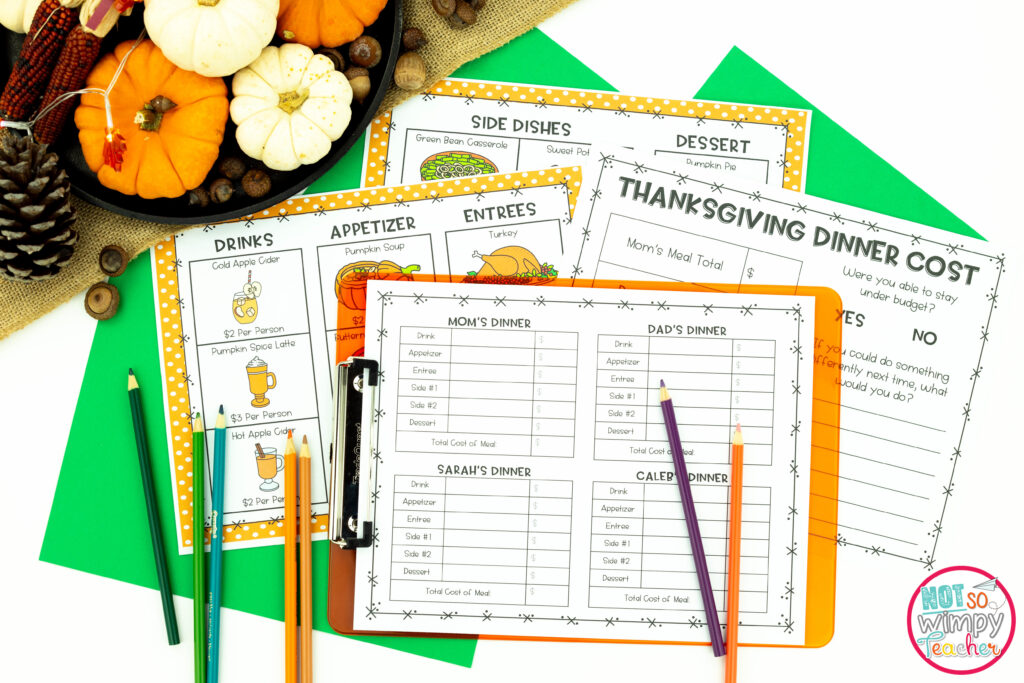 Image shows a sample activity teachers can use in their classroom to celebrate Thanksgiving. The image shows some sample pages from the Thanksgiving Dinner Project-Based Learning activity, including a Thanksgiving menu and a Thanksgiving Dinner Cost worksheet. 