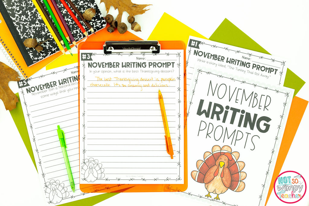 Image shows November Writing Prompts activity and includes sample sheets of the writing prompts. 