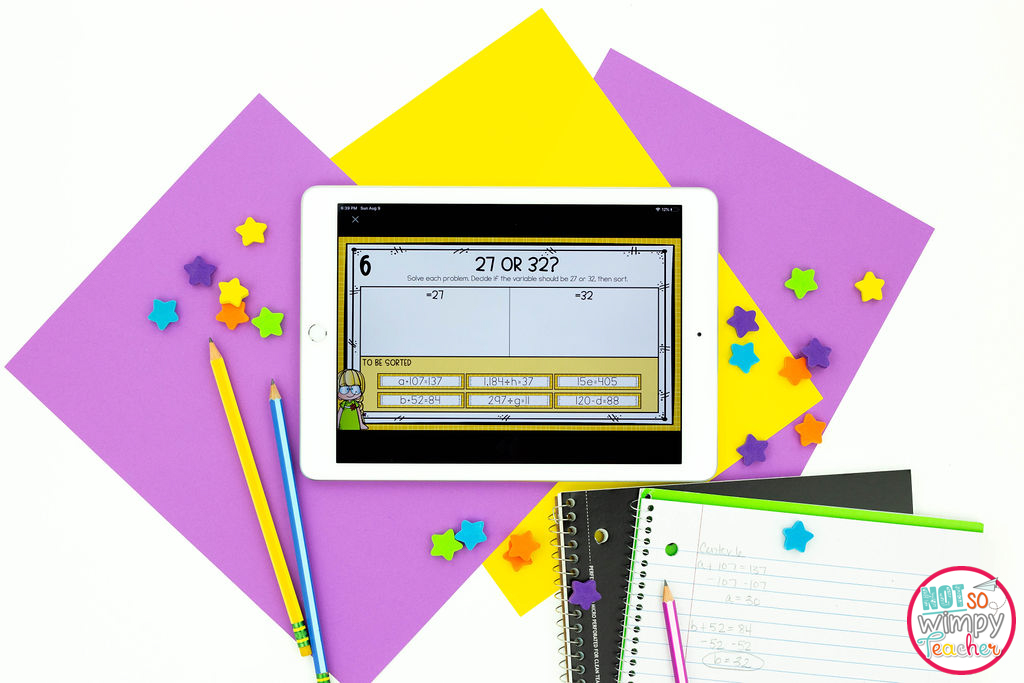 This image shows how the math centers from Not So Wimpy Teacher can be used digitally, in addition to printing them out. Utilizing digital resources can help with math centers management. 