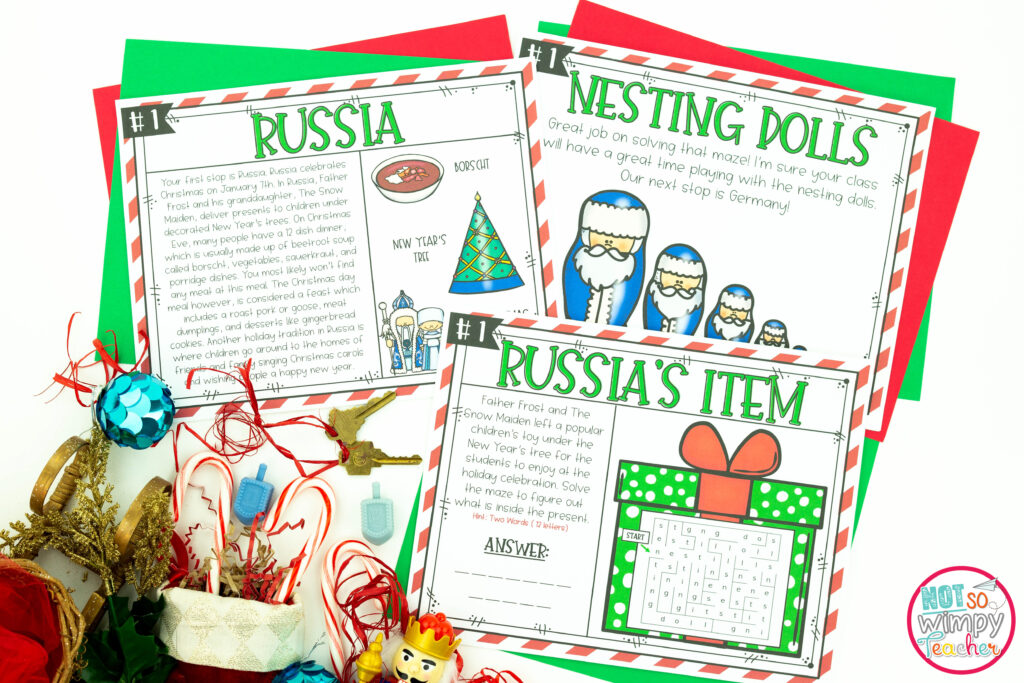 The image shows sample pages from the Holidays Around the World Escape Room activity. The pages shown include a nesting dolls activity from Russia and a sample reading passage about Russian holiday traditions. 