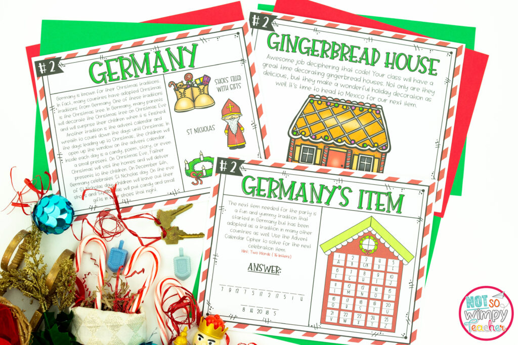 This image shows examples pages from the Holidays Around the World Escape Room resource. In addition to reading your favorite holiday books and watching your favorite holiday movies, this would be a fantastic holiday activity to use in your classroom. 