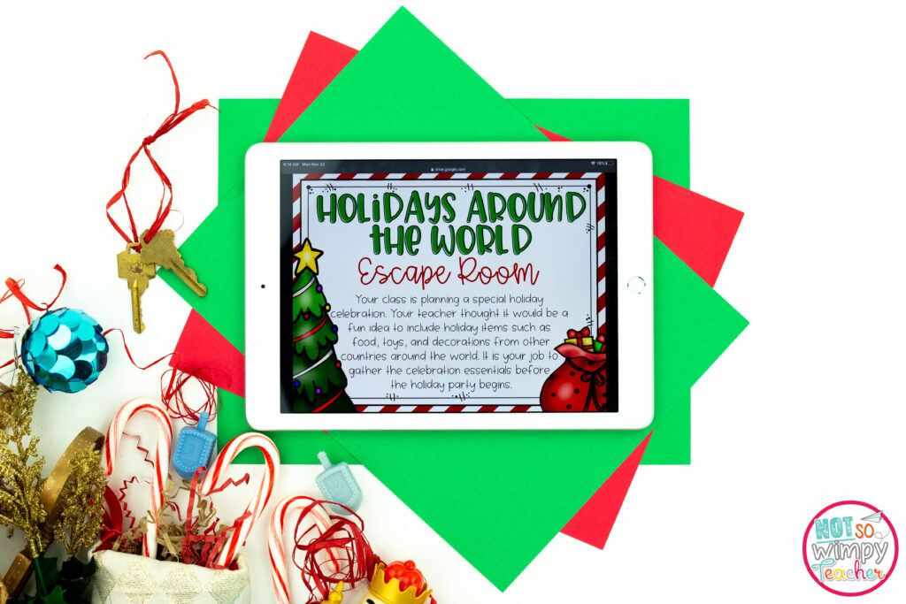 This image shows how the Holidays Around the World Escape Room resource can be used on digital devices instead of printing the activity pages. 