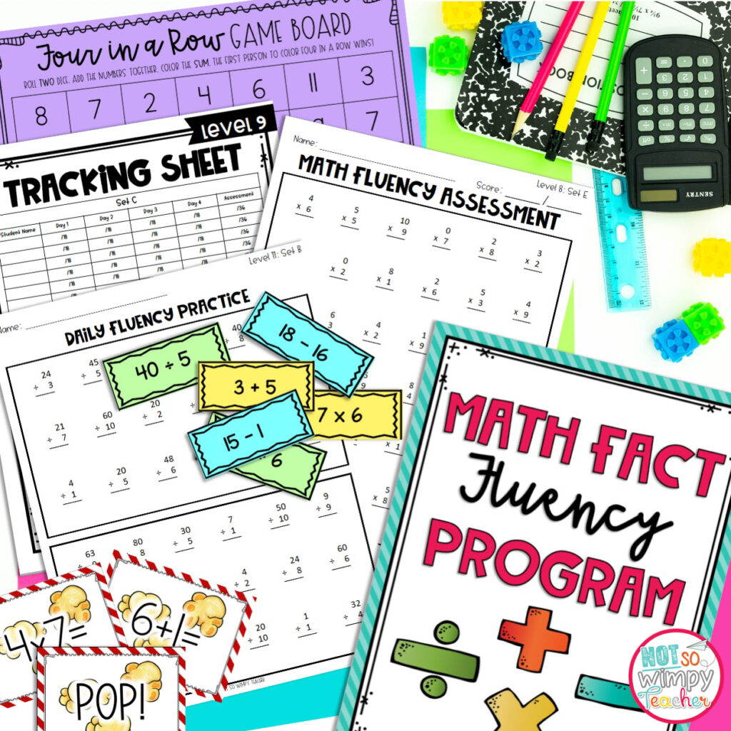 This image shows sample pages from the Math Fact Fluency Program. Incorporating a fact fluency routine is an important part of managing math centers. 