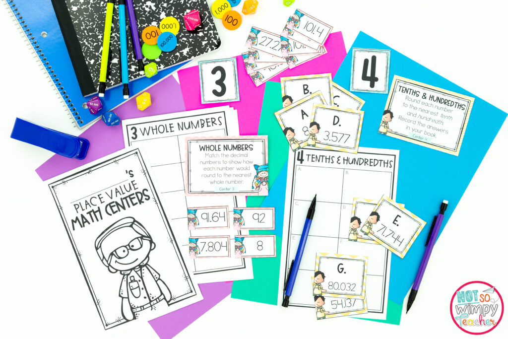 This image shows sample pages from the math centers bundle activities. Students can choose the activities they want to work on, including: math sorts, task cards, and math journal pages. Adding these done-for-you centers to your math center routine would make math centers management a breeze. 