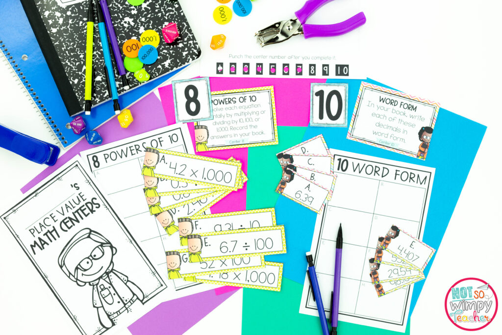 This image shows sample pages from the math centers bundle. These centers provide students with choice, which is an effective math centers management strategy. 