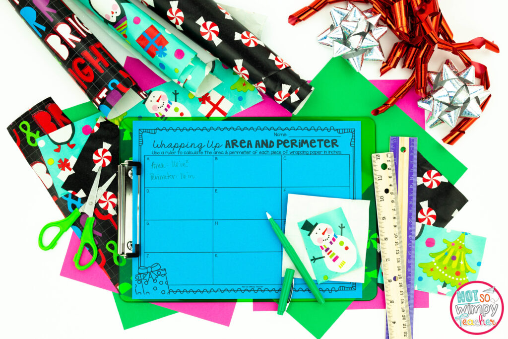 This image shows a sample student page for the Wrapping Up Area and Perimeter resource. This would be a perfect addition to your Holidays Around the World themed party. 