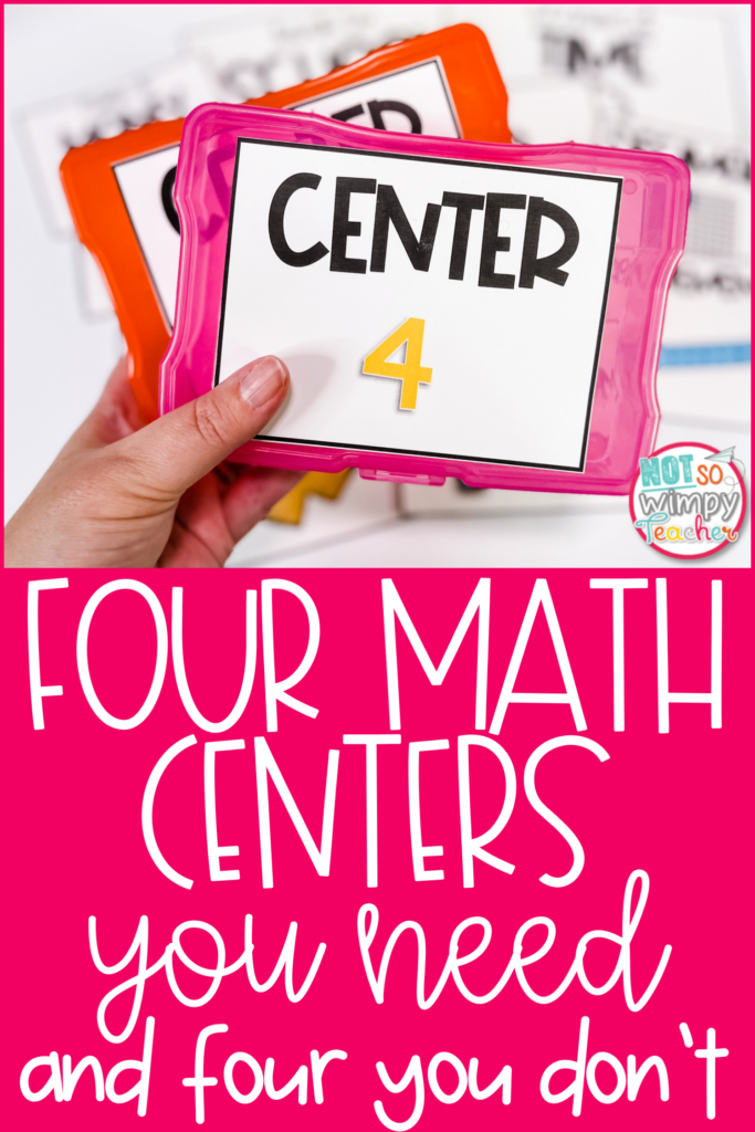 This image shows sample math centers labels. The text says, "Four Math Centers You Need and Four Math Centers You Don't." 
