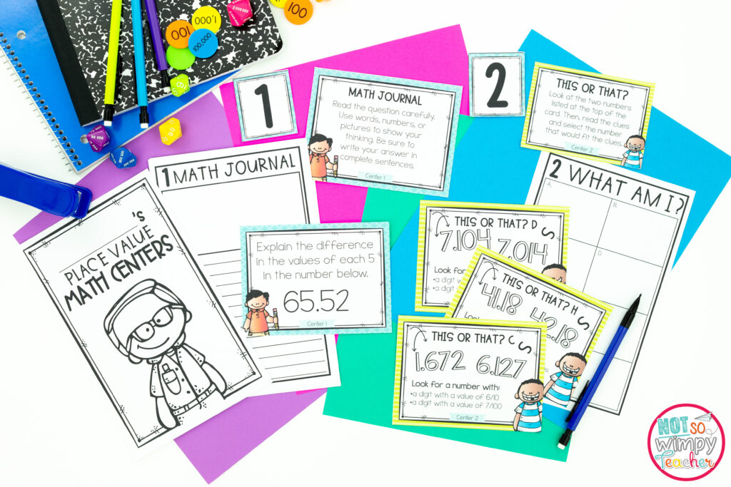 The math centers bundles for grades 2-5 are another popular top teacher resource of mine. This image shows a sample recording booklet and a place value task card activity. 