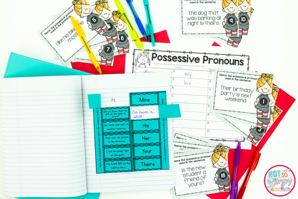 This image shows my number one top teacher resource: my grammar bundles. Shown is a sample page of a possessive pronouns interactive notebook activity and a task card activity. 