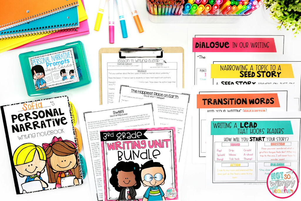 This image shows sample pages from my writing bundles available for grades 2-5. These ready-to-use lessons will help you guide you in how to manage writing workshop in your classroom. 
