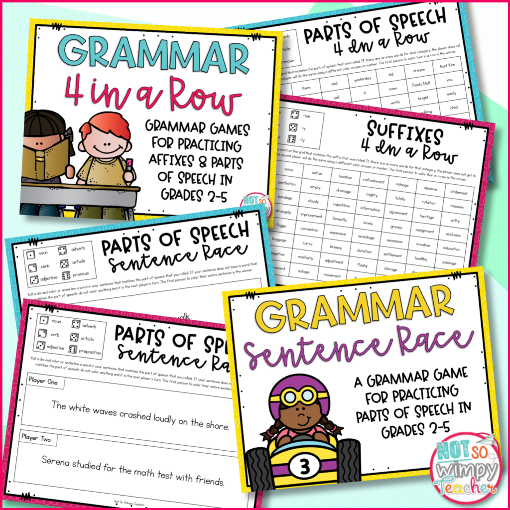 One fun way to differentiate grammar instruction is to play grammar games with students. This image shows sample pages of grammar games. 