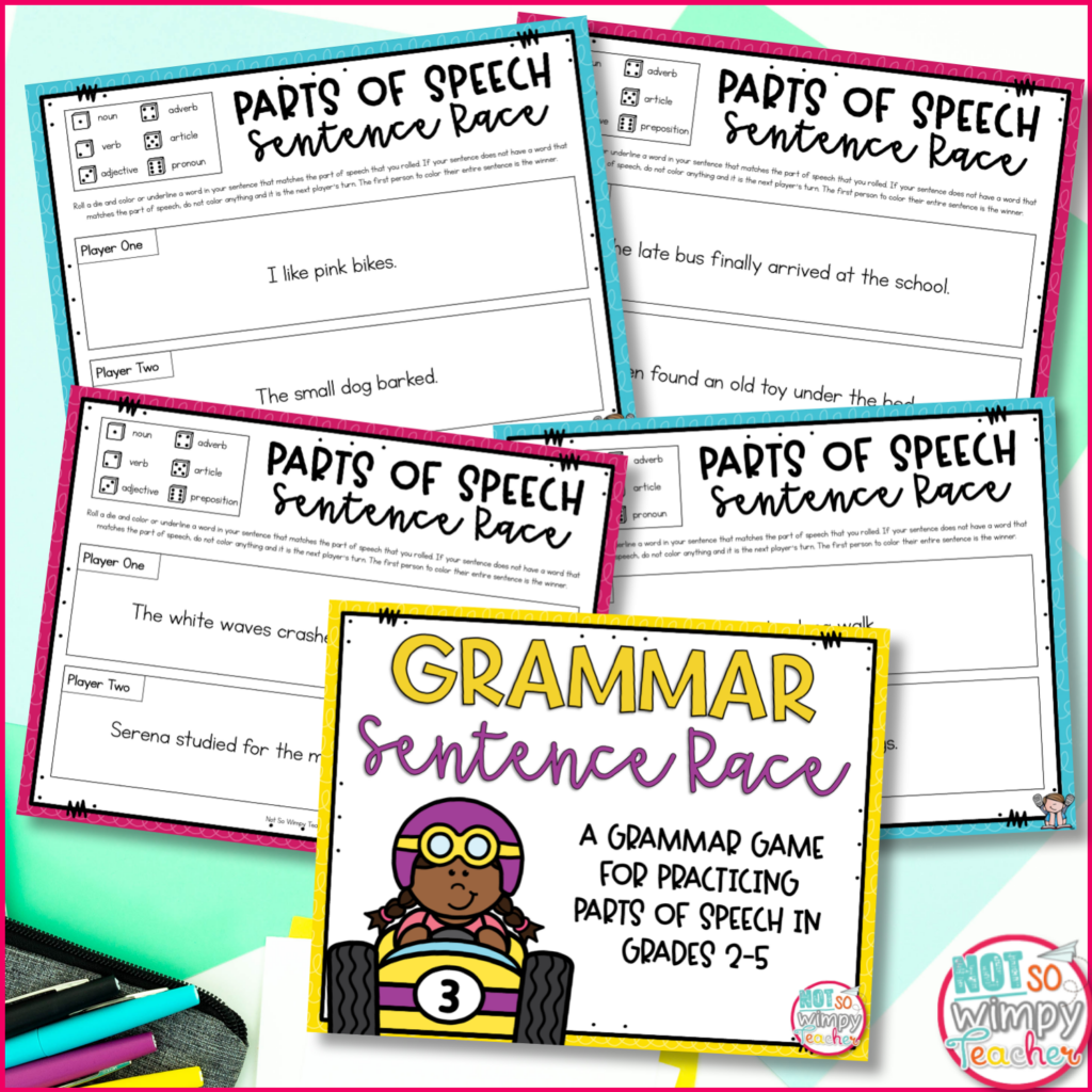This image shows sample pages from my FREE Grammar Games resource. The sample pages on this image show the Grammar Sentence Race game. 