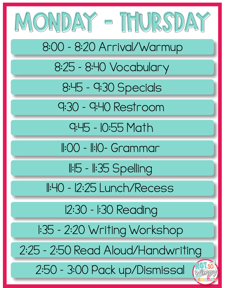 Monday to Thursday daily classroom schedule graphic