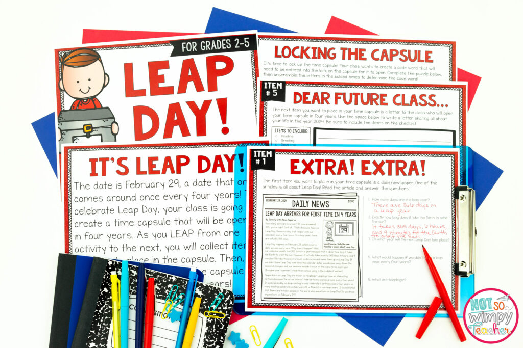 This image shows sample pages from our free Leap Day activities. Students will practice essential math, reading, writing, and grammar skills. 