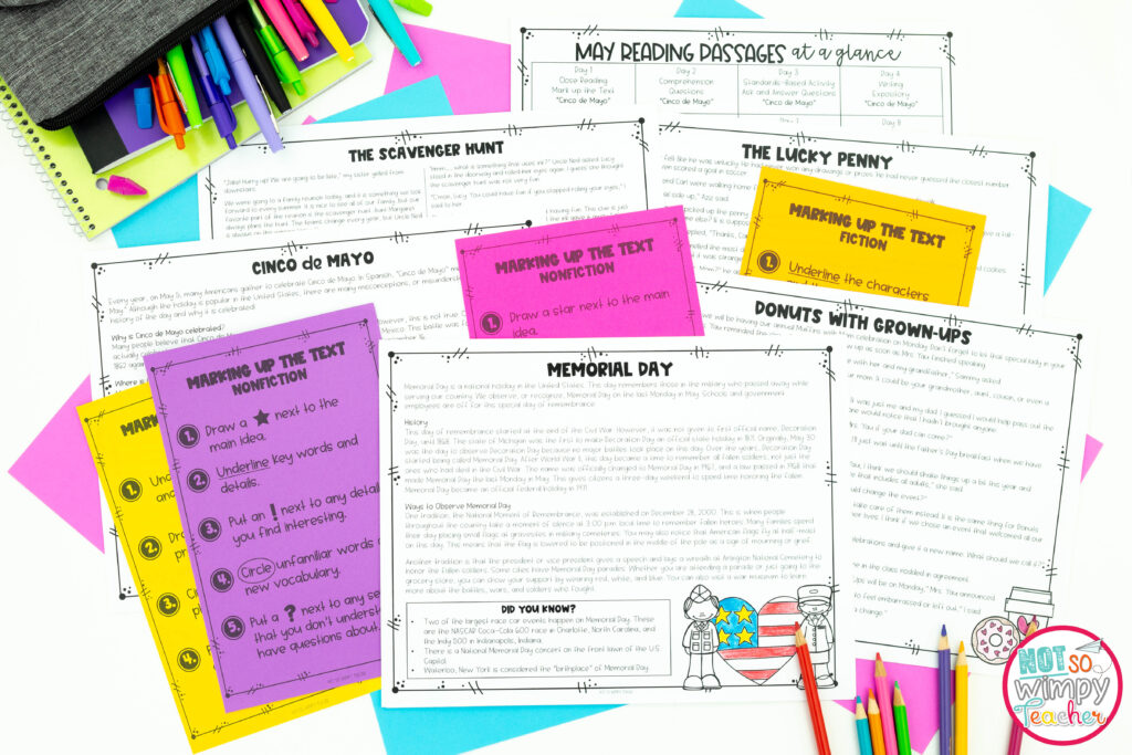 This image shows a sample of the close reading texts, along with graphic organizers and anchor charts for students. 