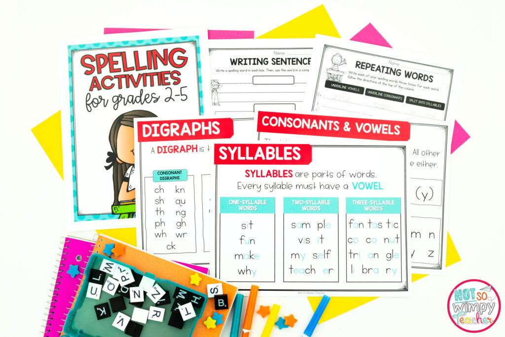 This image shows some of the games and activities from the FREE Spelling Activities for grades 2-5 resource. 