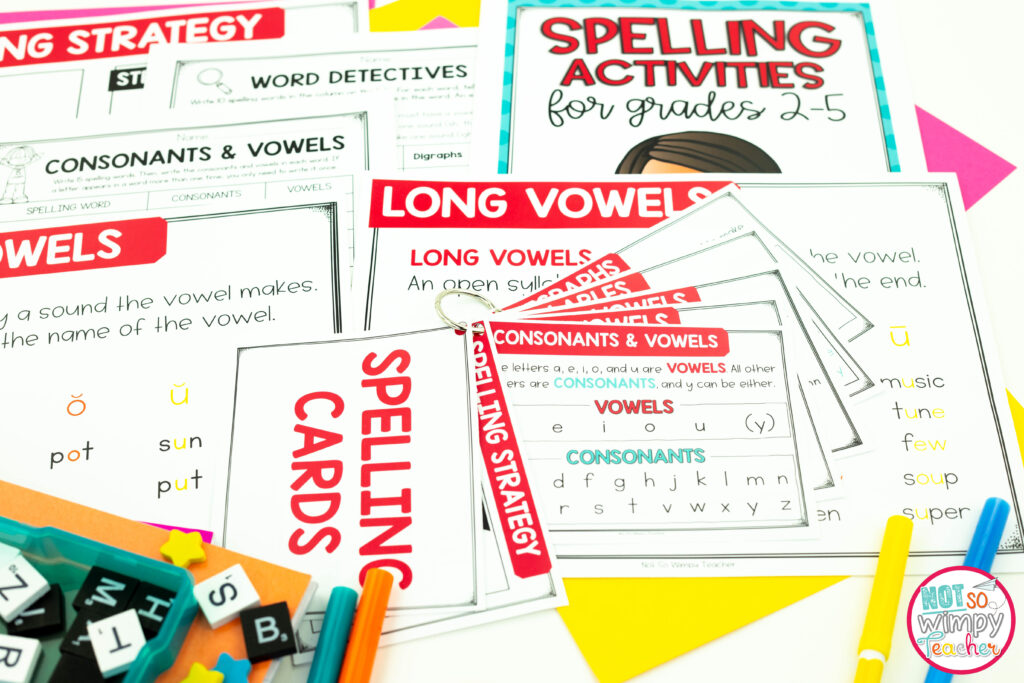 This image shows sample activities and anchor charts from our new resource: FREE Spelling Activities for grades 2-5. 