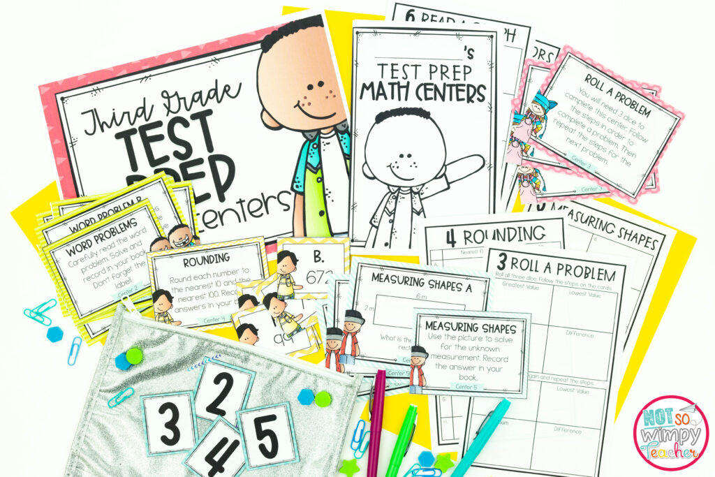 This image shows sample pages from the math test prep centers. Using these centers will be sure to help boost your students' writing test scores!