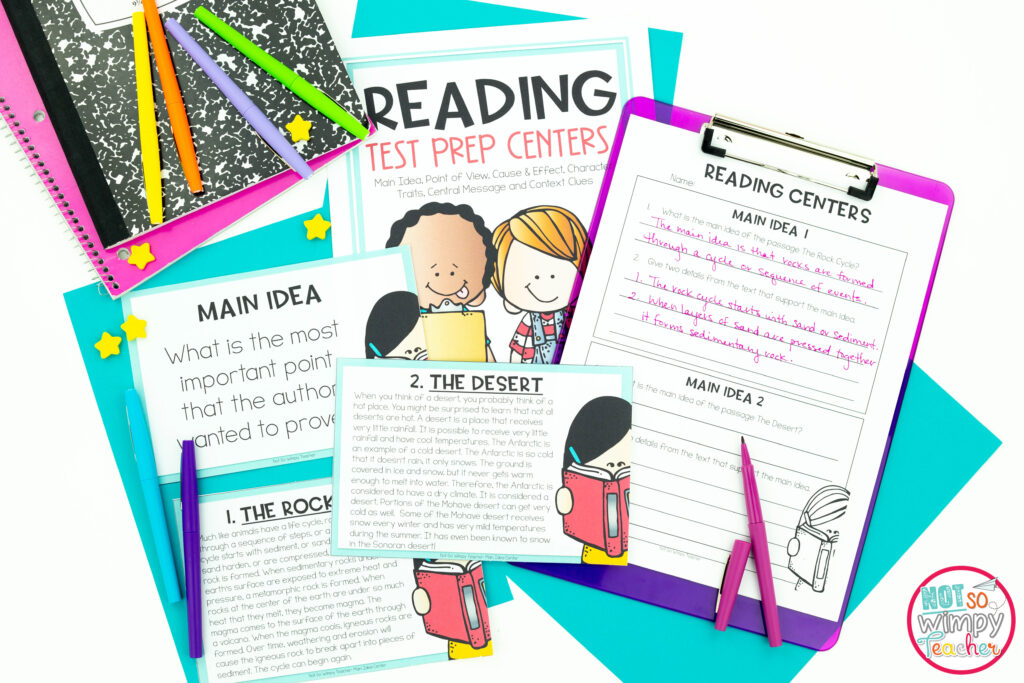 This image shows sample pages from the reading test prep centers. Boost your students' writing test scores with these fun and engaging test prep centers. 