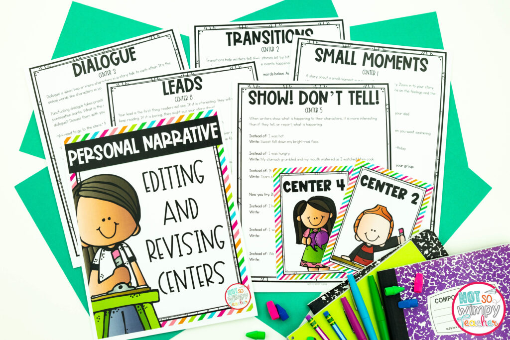 This image shows sample pages from the FREE editing and revising centers that can help boost students' writing test scores. 
