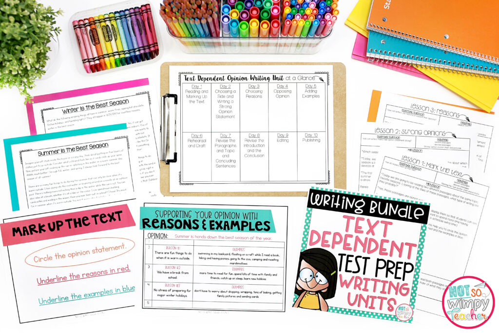 This image shows sample pages from the text dependent writing units. These writing lessons provide explicit instruction that can help boost students' writing test scores. 