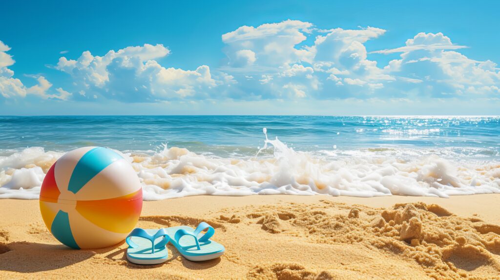 sandy beach with beach ball and blue flip flops